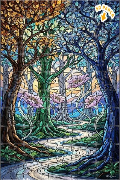 Teona Ahşap لغز خشبي بمظهر فسيفساء زجاجي من الغابة السحرية 50 قطعة 15x25