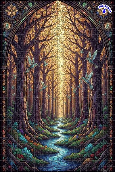 Teona Ahşap لغز خشبي مؤطر بطبقتين بتصميم فن الزجاج الملون لطيور الغابة السحري...