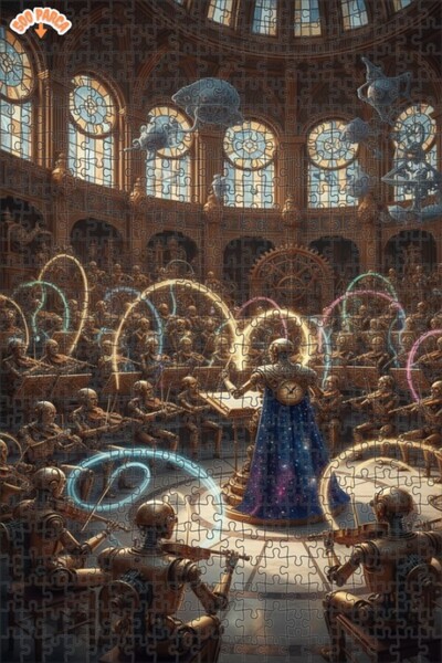 Teona Ahşap لوحة زيتية لحفلة فرقة الروبوتات بأسلوب ستيمبانك، لغز خشبي بإطار م...