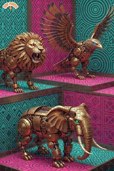 Teona Ahşap لغز فني ميكانيكي ذهبي على شكل أسد ونسر وفيل 500 قطعة 50×30