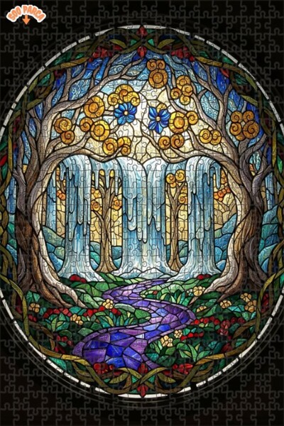 Teona Ahşap لغز خشبي مؤطر بطبقتين بتصميم فن الزجاج الملون لشلال الغابة السحري...