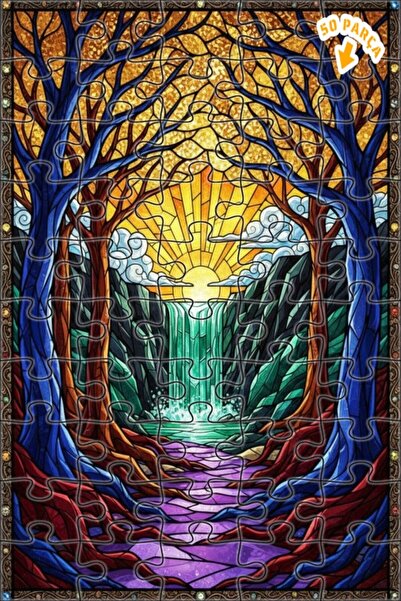 Teona Ahşap لغز خشبي بتصميم شلال الغابة السحرية مع زجاج ملون 50 قطعة 15×25