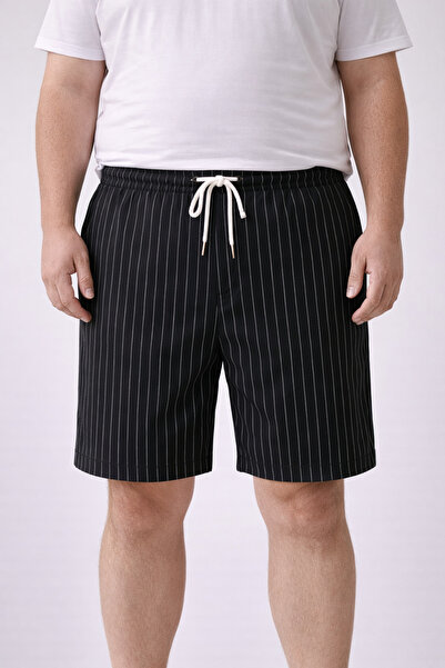 BTS-SORT Erkek Büyük Beden Pamuklu Şort – Modern Dar Kesim, Çizgili Dokulu, D...