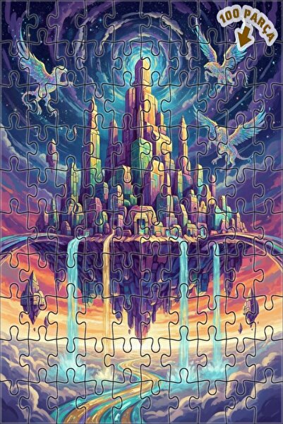 Teona Ahşap Sky City Winged Dolphins Watercolor Look Wooden Puzzle 100 Pieces...