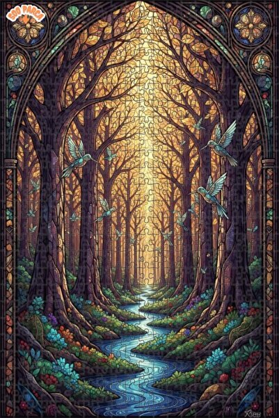 Teona Ahşap لغز خشبي مؤطر بطبقتين بتصميم فن الزجاج الملون لطيور الغابة السحري...