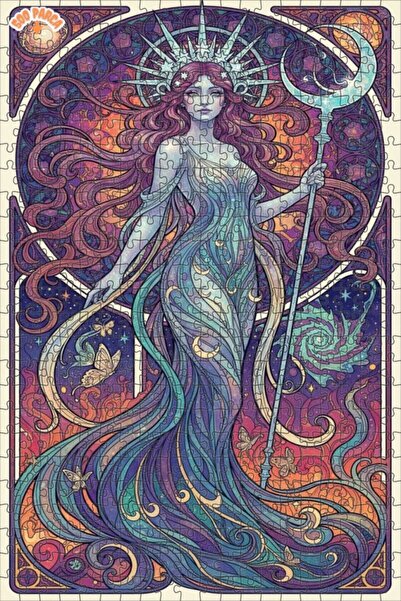 Teona Ahşap Mysterious Moon Goddess Oil Painting-Looking Art Double-Deck Fram...