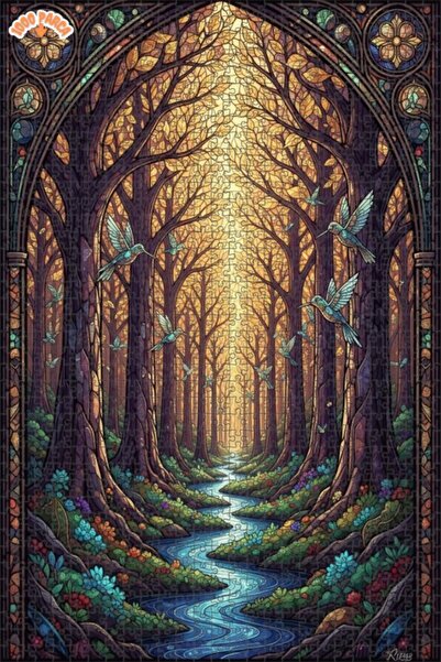 Teona Ahşap لغز خشبي مؤطر بطبقتين بتصميم فن الزجاج الملون لطيور الغابة السحري...