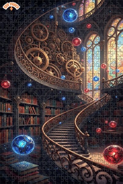 Teona Ahşap Mysterious Library Steampunk Art Look Double-Decker Framed Wooden...