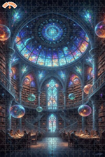 Teona Ahşap Galactic Library Oil Painting Look Double Layer Framed Wooden Puz...