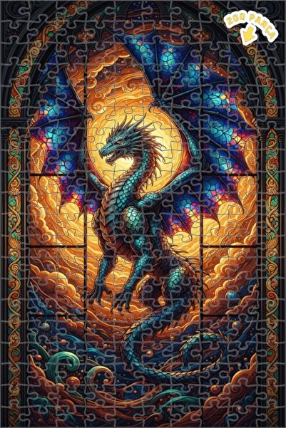 Teona Ahşap لغز خشبي مؤطر بطبقتين من فن الزجاج الملون على شكل تنين سحري 200 ق...