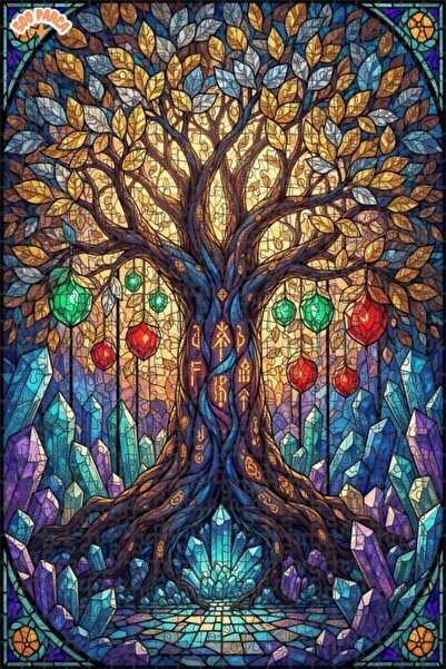 Teona Ahşap Mysterious Rune Tree Glass Mosaic Art Double Layer Framed Wooden ...