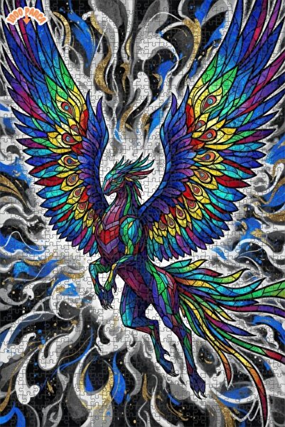 Teona Ahşap لغز خشبي بمظهر فسيفساء زجاجية على شكل طائر الفينيق الزمردي بألوان...