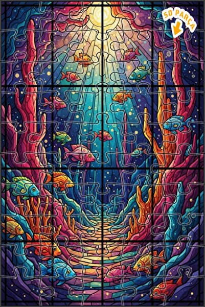 Teona Ahşap لغز خشبي بإطار ذو طابقين بمظهر الزجاج الملون السحري تحت الماء 50 ...