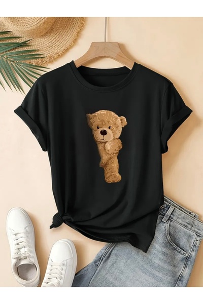 FUFLUNS Bear Printed Women's Circular Neck Oversize T-Shirt
