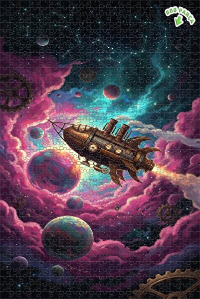 Teona Ahşap Steampunk Rocket Galaxy Journey Oil Painting Double-Deck Framed W...