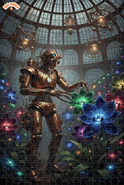 Teona Ahşap Steampunk Robot and Magical Flowers Oil Painting Double-Deck Fram...