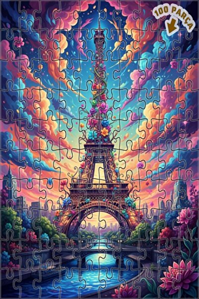 Teona Ahşap برج إيفل خلف السحاب الملونة، لوحة زيتية، لغز خشبي بإطار مزدوج الط...