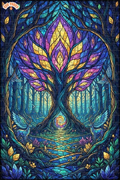 Teona Ahşap لغز خشبي مؤطر بطبقتين بمظهر فسيفساء زجاجية لشجرة الحياة في الغابة...