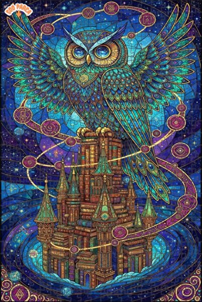 Teona Ahşap Magical Wisdom Owl Stained Glass Art Double Layer Framed Wooden P...