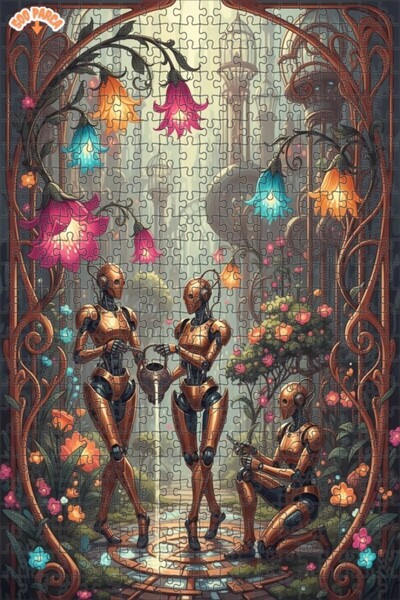 Teona Ahşap Art Nouveau Robot Garden Watercolor Look Double-Decker Framed Woo...