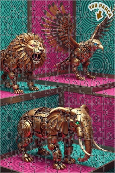 Teona Ahşap لغز فني ذهبي ميكانيكي على شكل أسد ونسر وفيل 100 قطعة 25×25