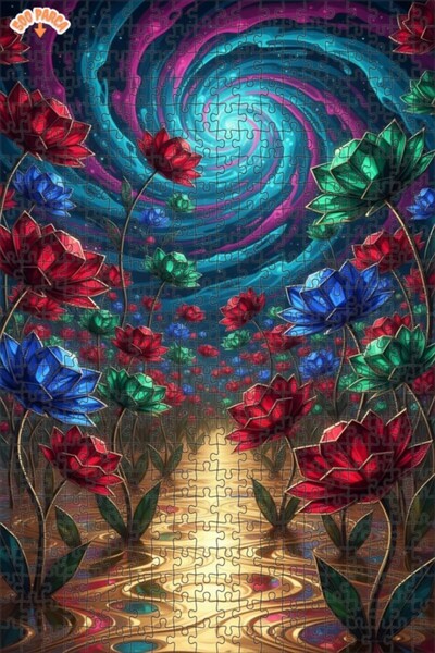 Teona Ahşap Mysterious Flower Field Digital Art Look Double Layer Framed Wood...