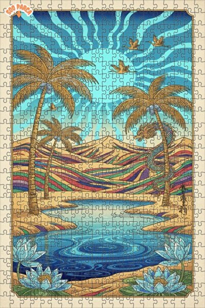 Teona Ahşap لغز خشبي بإطار مزدوج الطبقات بتصميم التنين والزنابق 500 قطعة 50×30