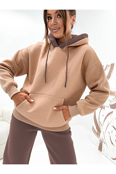 UniqueStore.ro Women's beige and brown cotton quilted set with sweatshirt and...