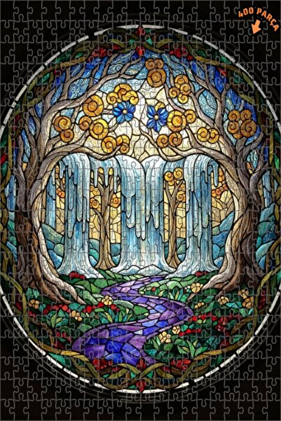 Teona Ahşap لغز خشبي مؤطر بطبقتين بتصميم فن الزجاج الملون لشلال الغابة السحري...