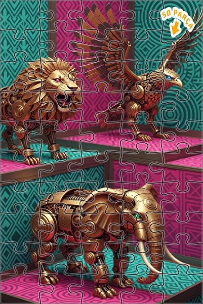 Teona Ahşap لغز فني ذهبي ميكانيكي على شكل أسد ونسر وفيل 50 قطعة 15×25