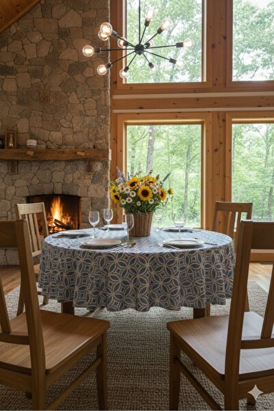 Rona Home Premium Quality Blue White Round Tablecloth Geometric Pattern Stain...