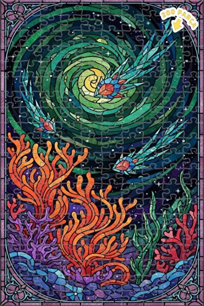 Teona Ahşap لغز خشبي مؤطر بطبقتين بتصميم فن الزجاج الملون لأسماك البحر السحري...