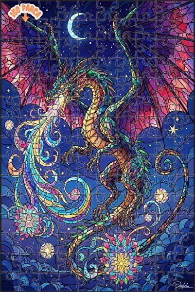 Teona Ahşap لغز خشبي بإطار مزدوج الطبقات من الفن الزجاجي الملون على شكل تنين ...