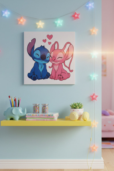 PRİNTOPİA DESİGN Stitch ve Angel Temalı Kanvas Tablo - 20x20 cm Dekoratif Çoc...