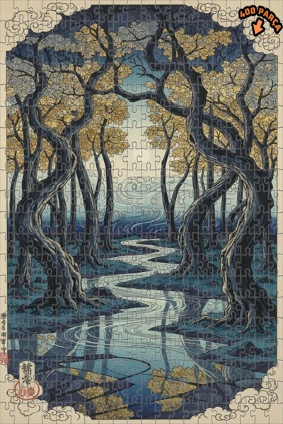 Teona Ahşap لوحة فنية بتأثير الزيت لمشهد نهر الغابة الغامضة، لغز خشبي بإطار م...