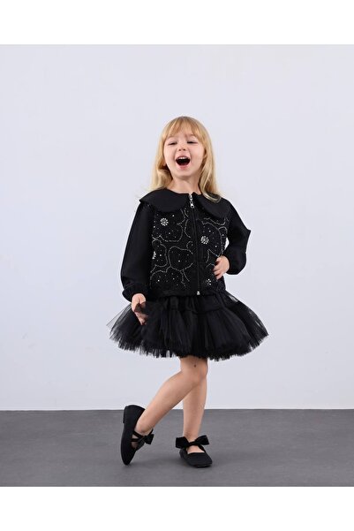 Pinkitokids Pearl Detailed Jacket and Tutu Skirt Girls' Set-Black
