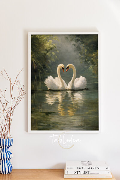 tablodea Lebede romantice în stil pictură în ulei, afiș decorativ înrămat vin...
