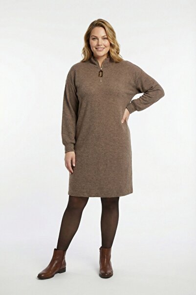 Stil Diva Plus Size Collar Zipper Detail Coffee Soft Dress 106-39