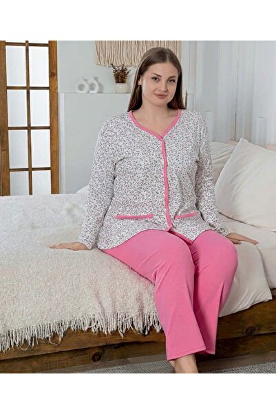 Temporium Women's Plus Size Floral Print Button down Long Sleeve Interlock Pa...