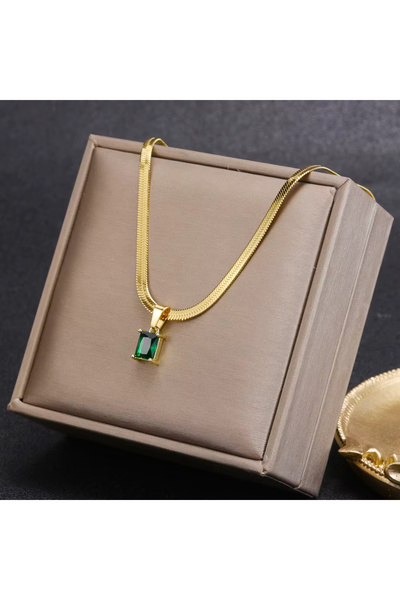 Kracer 18K Gold Plated Necklace, with Green Zirconia Pendant, Stainless Steel...