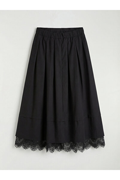 LC Waikiki Μαύρη φούστα σε γραμμή Α με ελαστική μέση και Δαντέλα λεπτομέρειες