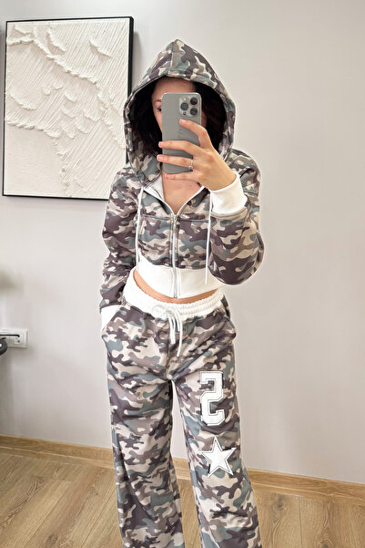 İlayda Toprak Culture Yesil Kamuflaj Desen Oversıze Cool Baggy Kapüşonlu Crop...