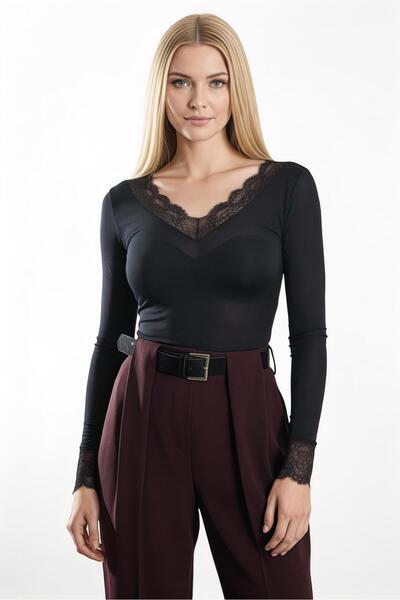 Bliss Women's Long Sleeve Lace V-Neck Cashmere Blouse