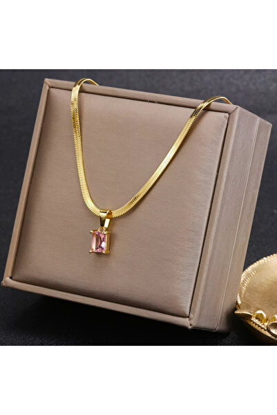 Kracer 18K Gold Plated Necklace, with Pink Zirconia Pendant, Stainless Steel,...