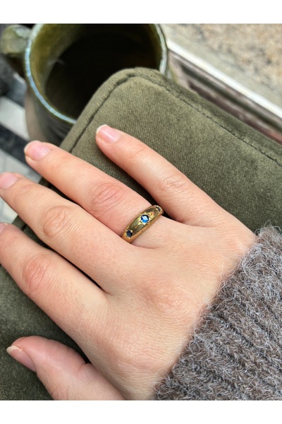 Miltonia Antique Brass Zircon Stone Ring Navy Blue