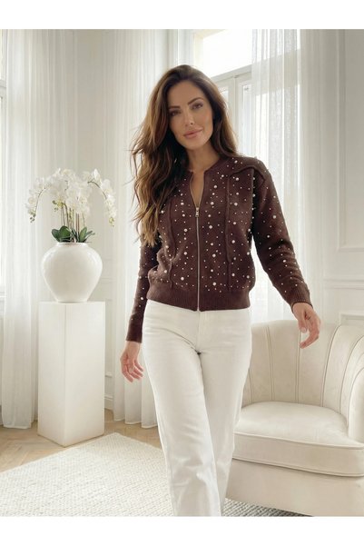 UniqueStore.ro Cardigan elegant maro cu fermoar și aplicații de perle