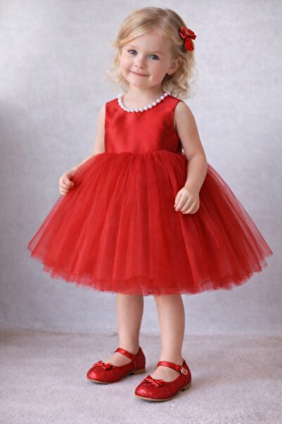SUNEH Baby Girl Red Pearl Detailed Birthday and Special Day Tutu Dress
