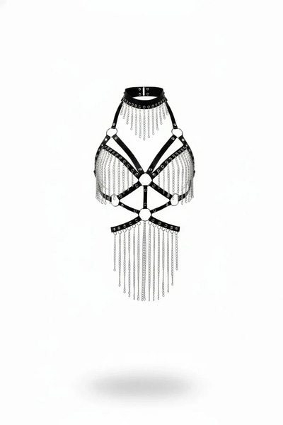 Motto10 butik Motto10butik Siyah Body Harness Choker Yaka Zincir Detaylı Vücu...