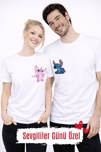 FANA Stitch Karakter Baskılı Sevgililer Günü Özel Oversize Çift Tişört Seti