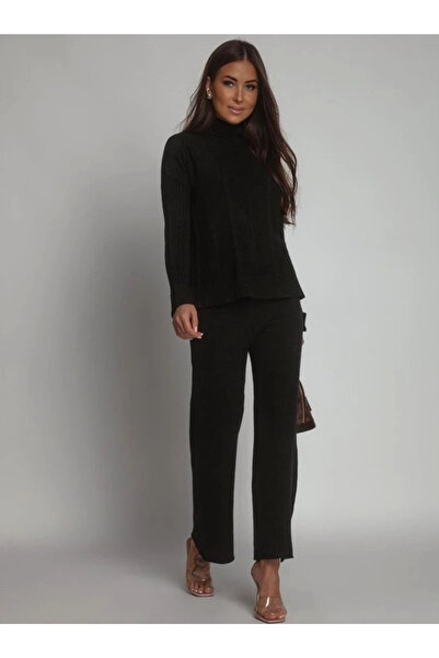 UniqueStore.ro Women's black knitted suit with sweater and loose pants